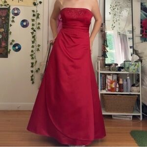David's Bridal Strapless Red Prom Gown